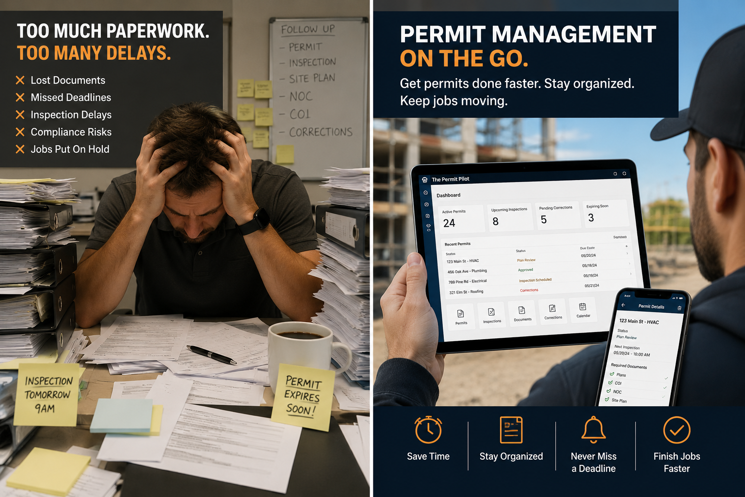 Before and after: stacks of paper permits versus an organized permit dashboard on a tablet