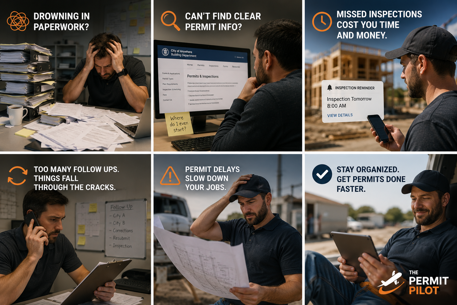 Six common contractor pain points: drowning in paperwork, missing job info, missed inspections, endless follow-ups, permit delays, and staying organized