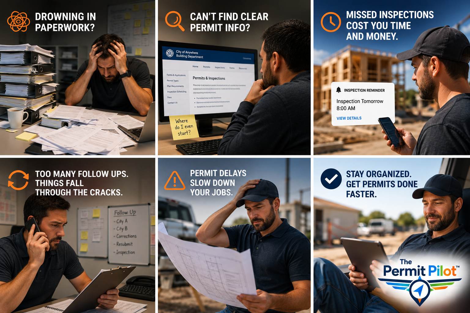 Six common contractor pain points: drowning in paperwork, missing job info, missed inspections, endless follow-ups, permit delays, and staying organized